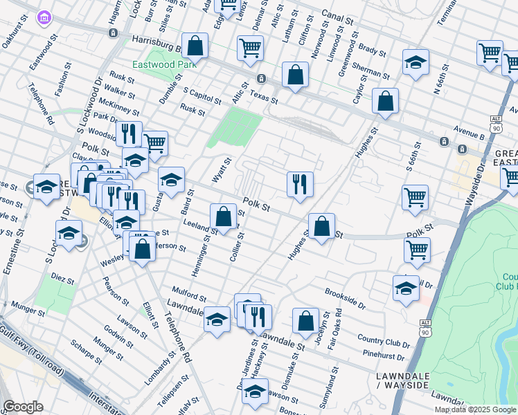 map of restaurants, bars, coffee shops, grocery stores, and more near 5306 Polk Street in Houston