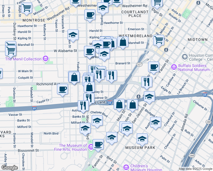 map of restaurants, bars, coffee shops, grocery stores, and more near 702 Richmond Avenue in Houston