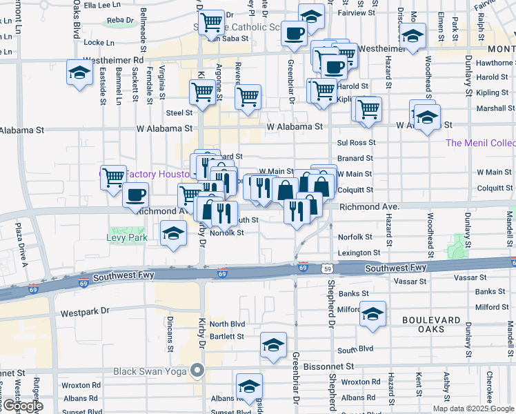 map of restaurants, bars, coffee shops, grocery stores, and more near 2242 Richmond Avenue in Houston