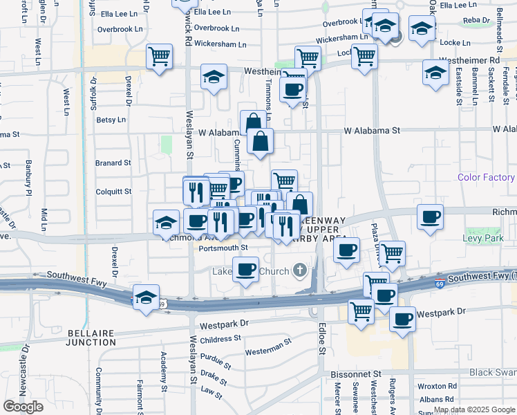 map of restaurants, bars, coffee shops, grocery stores, and more near 3411 Cummins Street in Houston