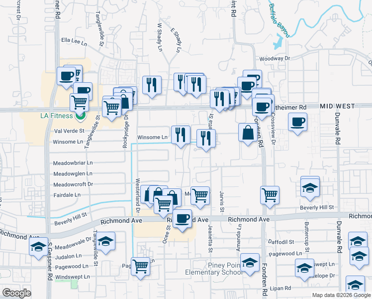 map of restaurants, bars, coffee shops, grocery stores, and more near 2800 Jeanetta Street in Houston