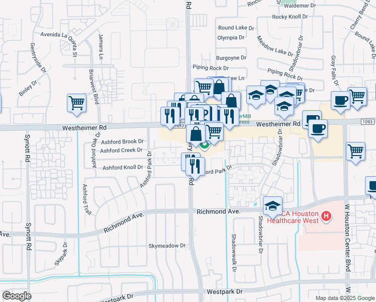 map of restaurants, bars, coffee shops, grocery stores, and more near 2601 South Dairy Ashford Road in Houston