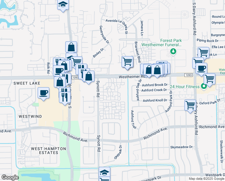 map of restaurants, bars, coffee shops, grocery stores, and more near 13099 Westheimer Road in Houston