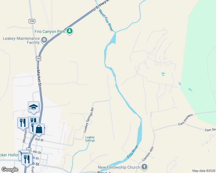 map of restaurants, bars, coffee shops, grocery stores, and more near Weston Rd in Leakey