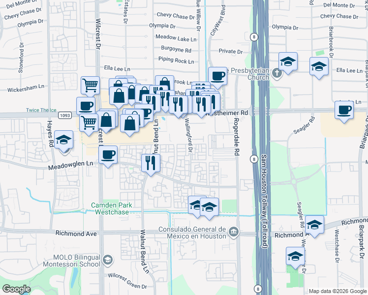 map of restaurants, bars, coffee shops, grocery stores, and more near 2750 Wallingford Drive in Houston