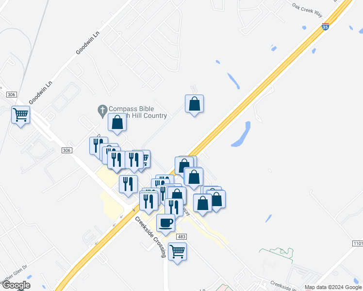 map of restaurants, bars, coffee shops, grocery stores, and more near 3191 Interstate Highway 35 South in New Braunfels