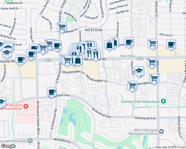 map of restaurants, bars, coffee shops, grocery stores, and more near 11785 Westheimer Road in Houston