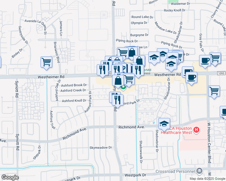 map of restaurants, bars, coffee shops, grocery stores, and more near 2601 South Dairy Ashford Road in Houston