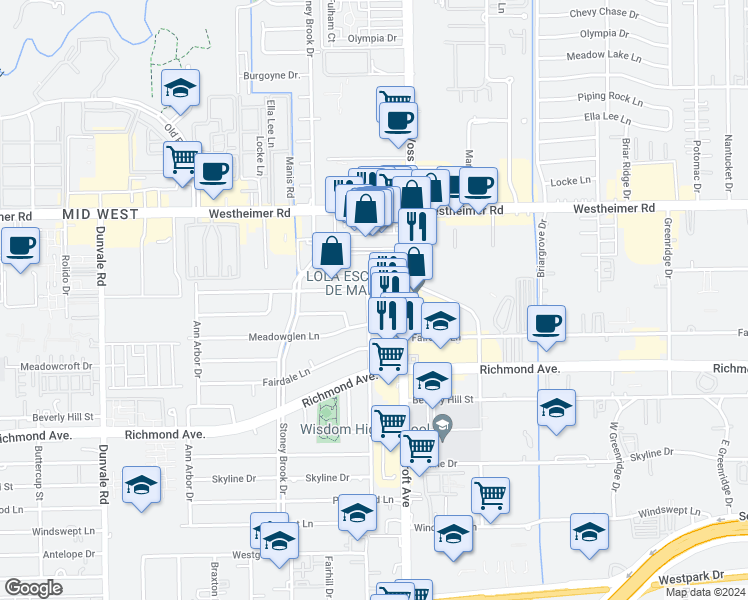 map of restaurants, bars, coffee shops, grocery stores, and more near 2907 Freshmeadows Drive in Houston