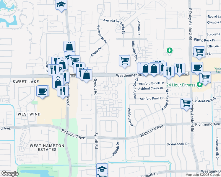 map of restaurants, bars, coffee shops, grocery stores, and more near 13099 Westheimer Road in Houston