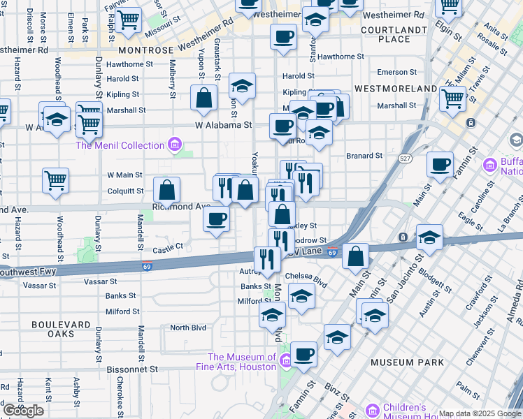 map of restaurants, bars, coffee shops, grocery stores, and more near 4219 Yoakum Boulevard in Houston