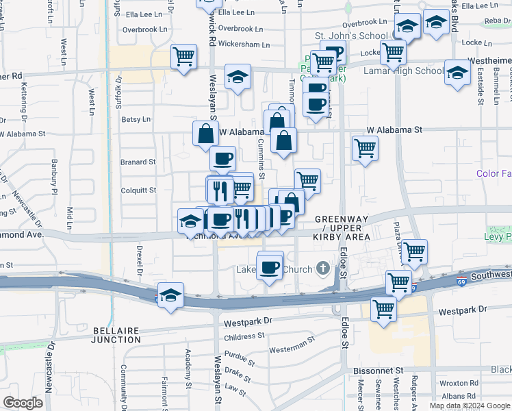map of restaurants, bars, coffee shops, grocery stores, and more near 3838 Richmond Avenue in Houston