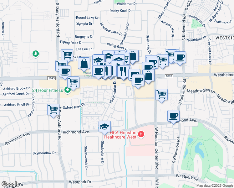 map of restaurants, bars, coffee shops, grocery stores, and more near 2835 Shadowbriar Drive in Houston