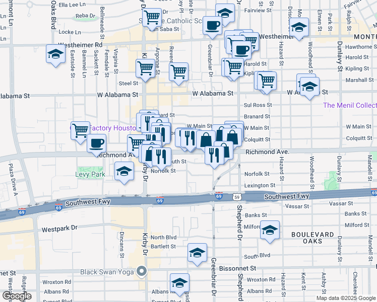 map of restaurants, bars, coffee shops, grocery stores, and more near 2290 Richmond Avenue in Houston