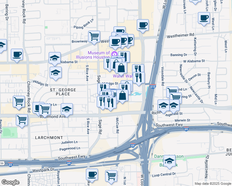 map of restaurants, bars, coffee shops, grocery stores, and more near 3000 Post Oak Boulevard in Houston