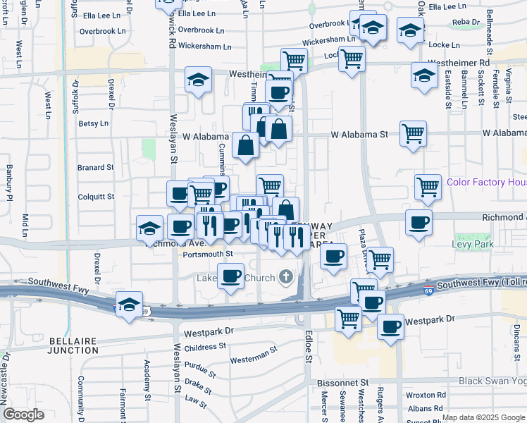 map of restaurants, bars, coffee shops, grocery stores, and more near 3555 Timmons Lane in Houston