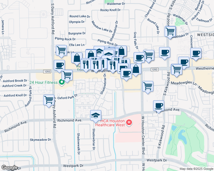 map of restaurants, bars, coffee shops, grocery stores, and more near 2835 Shadowbriar Drive in Houston