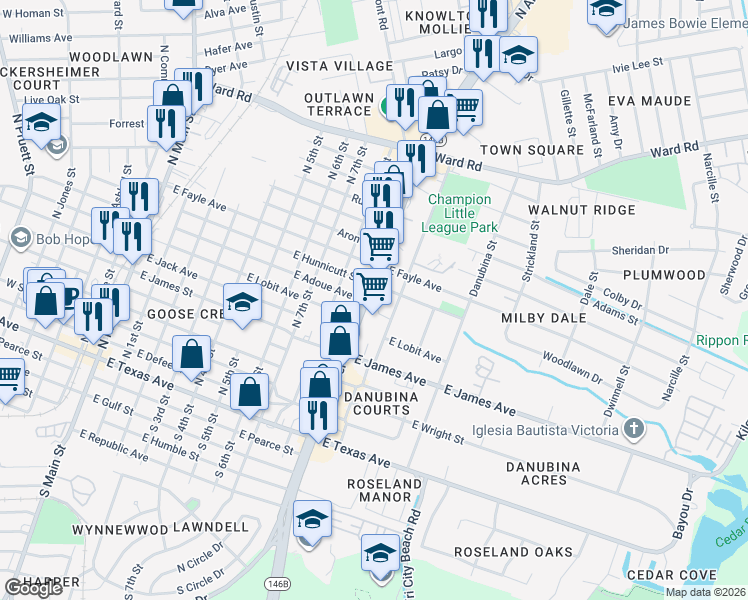 map of restaurants, bars, coffee shops, grocery stores, and more near 800 North Alexander Drive in Baytown
