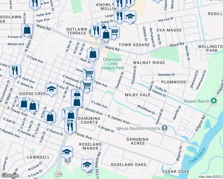 map of restaurants, bars, coffee shops, grocery stores, and more near 1205 East Fayle Avenue in Baytown