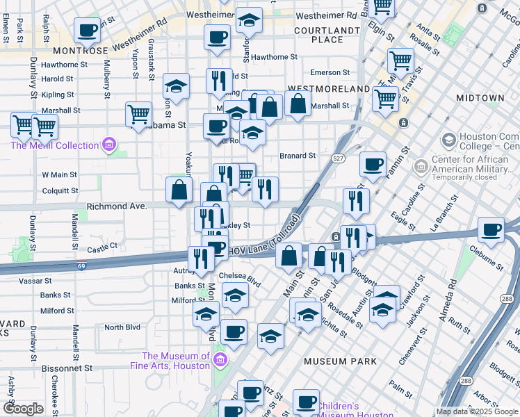 map of restaurants, bars, coffee shops, grocery stores, and more near 701 Richmond Avenue in Houston