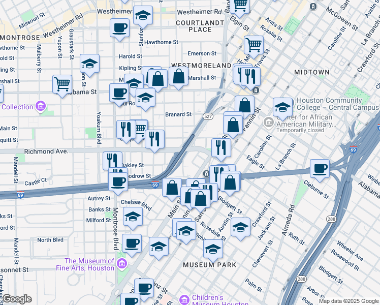 map of restaurants, bars, coffee shops, grocery stores, and more near 491 Richmond Avenue in Houston