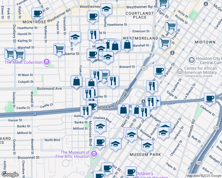 map of restaurants, bars, coffee shops, grocery stores, and more near 702 Richmond Avenue in Houston