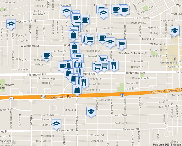 map of restaurants, bars, coffee shops, grocery stores, and more near Richmond Ave & McDuffie St in Houston