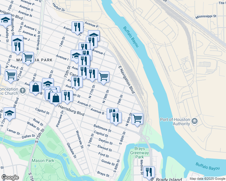 map of restaurants, bars, coffee shops, grocery stores, and more near 7802 Canal Street in Houston