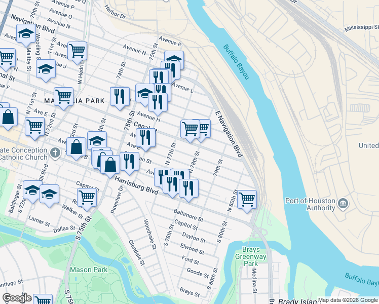 map of restaurants, bars, coffee shops, grocery stores, and more near 7717 Avenue F in Houston