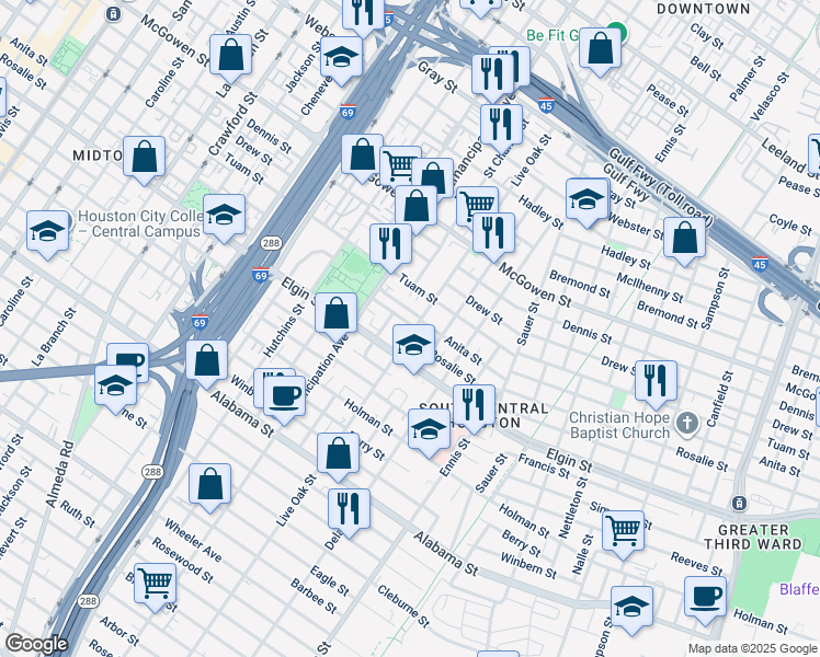 map of restaurants, bars, coffee shops, grocery stores, and more near 3004 Live Oak Street in Houston