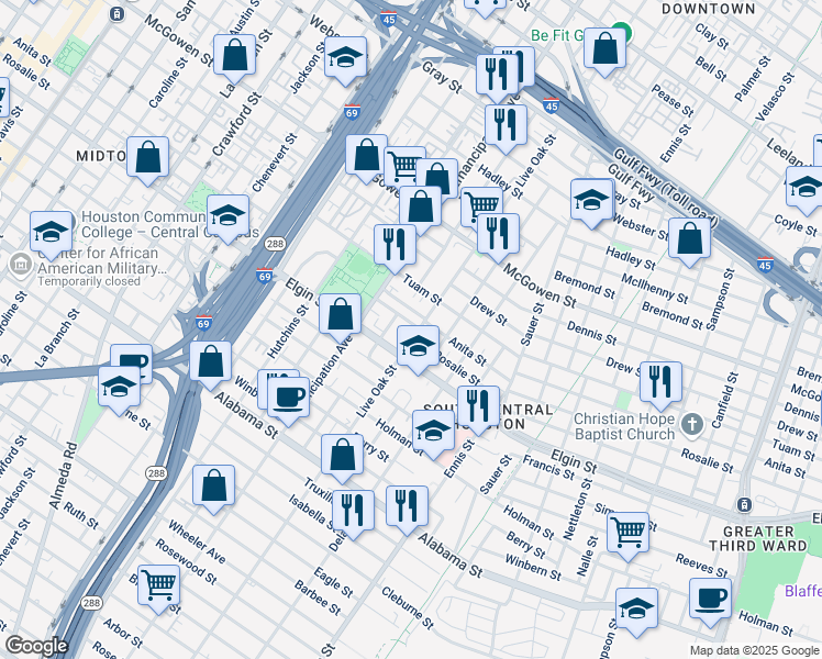 map of restaurants, bars, coffee shops, grocery stores, and more near 3004 Live Oak Street in Houston