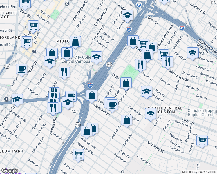 map of restaurants, bars, coffee shops, grocery stores, and more near 2102 Francis Street in Houston