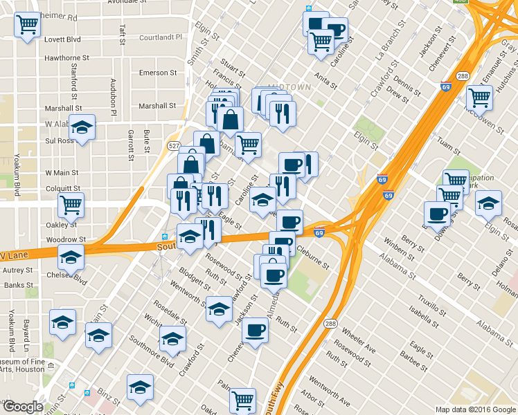 map of restaurants, bars, coffee shops, grocery stores, and more near 4001 Austin Street in Houston