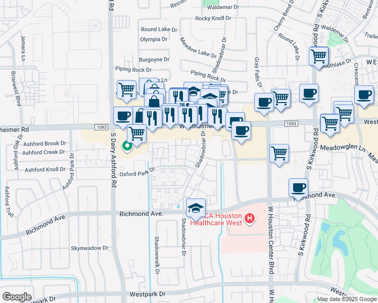 map of restaurants, bars, coffee shops, grocery stores, and more near 2840 Shadowbriar Drive in Houston