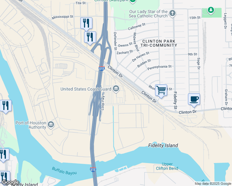 map of restaurants, bars, coffee shops, grocery stores, and more near 9640 Clinton Drive in Houston