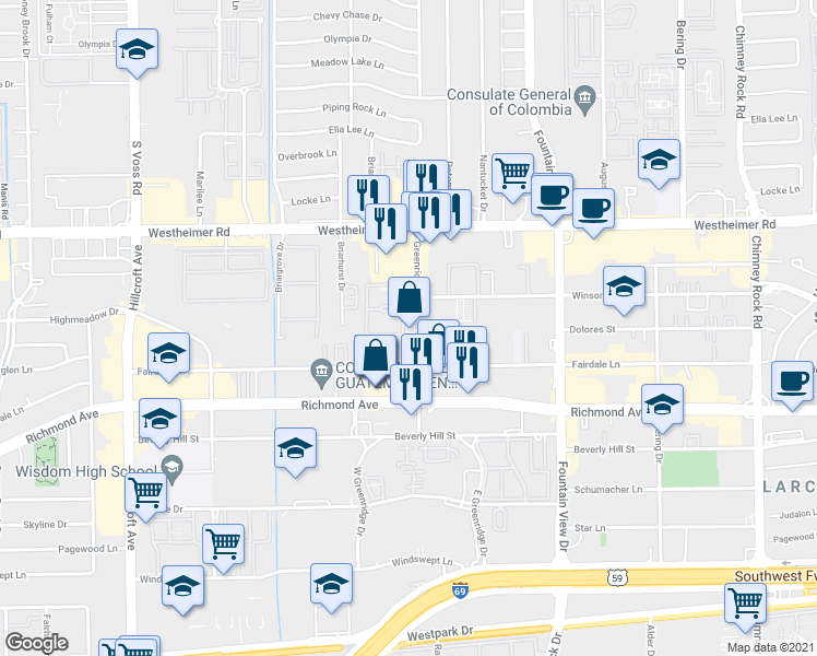 map of restaurants, bars, coffee shops, grocery stores, and more near 3002 Greenridge Drive in Houston