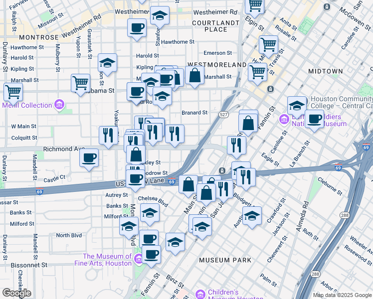 map of restaurants, bars, coffee shops, grocery stores, and more near 511 Richmond Avenue in Houston