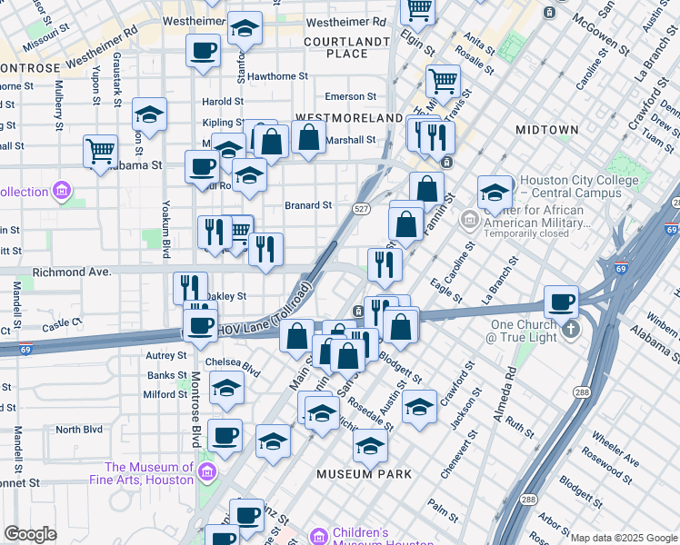 map of restaurants, bars, coffee shops, grocery stores, and more near 401 Richmond Avenue in Houston