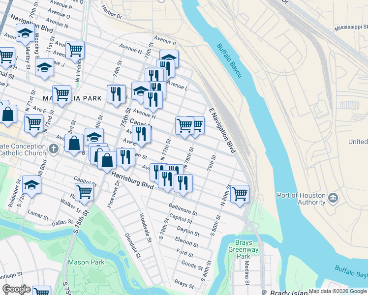 map of restaurants, bars, coffee shops, grocery stores, and more near 7717 Avenue F in Houston