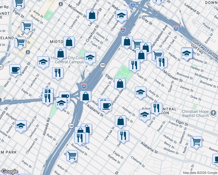 map of restaurants, bars, coffee shops, grocery stores, and more near 2206 Stuart Street in Houston