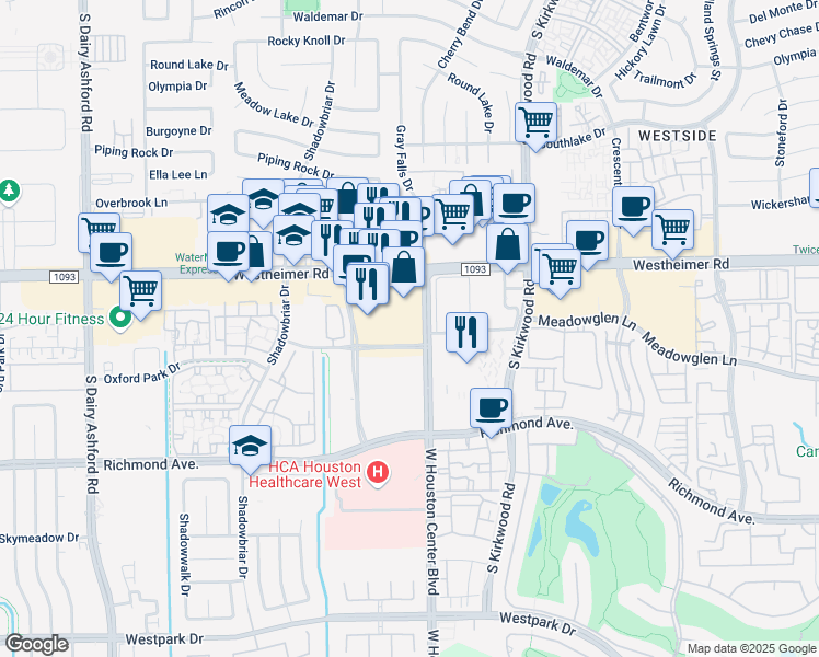 map of restaurants, bars, coffee shops, grocery stores, and more near 12121 Westheimer Road in Houston