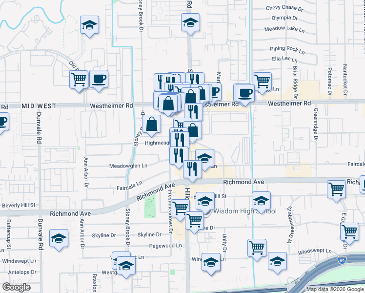 map of restaurants, bars, coffee shops, grocery stores, and more near 7541 Highmeadow Drive in Houston