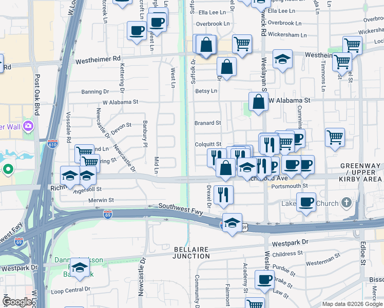 map of restaurants, bars, coffee shops, grocery stores, and more near 3504 Suffolk Drive in Houston