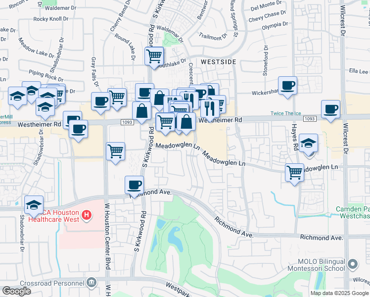 map of restaurants, bars, coffee shops, grocery stores, and more near 2602 Tudor Manor in Houston