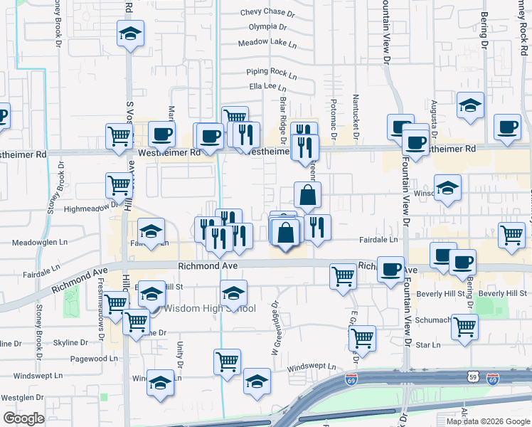 map of restaurants, bars, coffee shops, grocery stores, and more near 2900 Briarhurst Drive in Houston