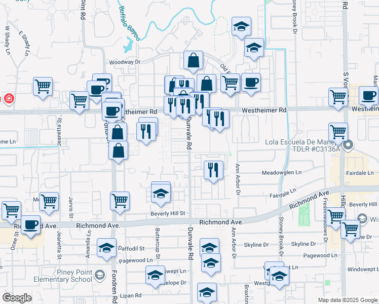 map of restaurants, bars, coffee shops, grocery stores, and more near 2918 Dunvale Road in Houston