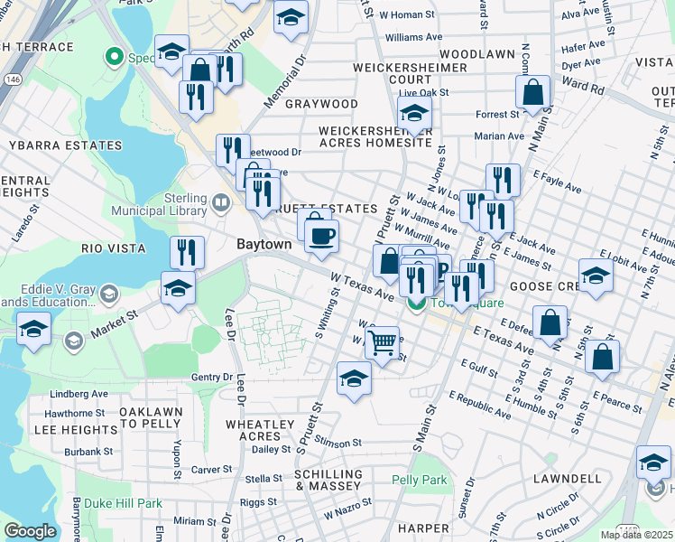 map of restaurants, bars, coffee shops, grocery stores, and more near 600 West Texas Avenue in Baytown