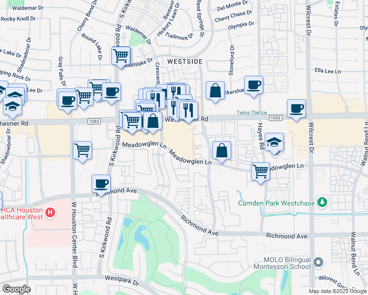 map of restaurants, bars, coffee shops, grocery stores, and more near 11785 Westheimer Road in Houston