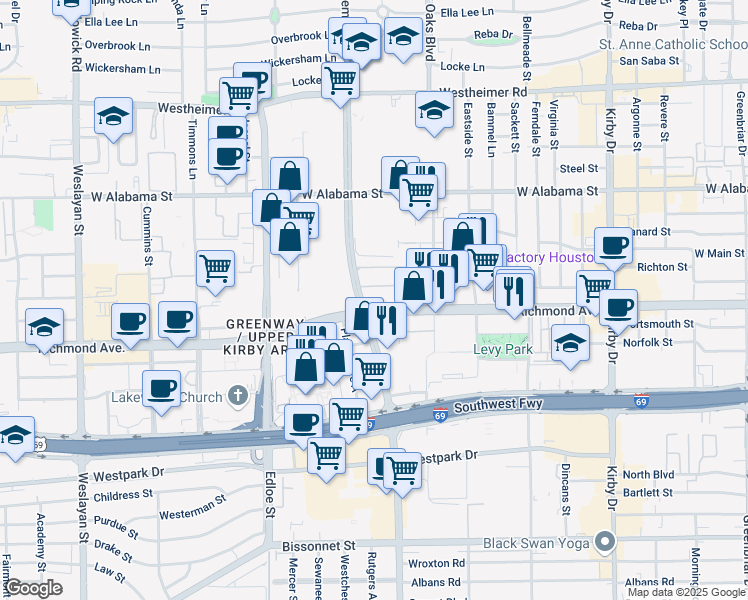 map of restaurants, bars, coffee shops, grocery stores, and more near 3336 Richmond Avenue in Houston