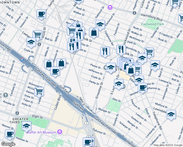 map of restaurants, bars, coffee shops, grocery stores, and more near 1810 Eastwood Street in Houston